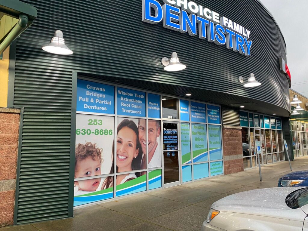 Window graphics for dental office with frosted vinyl design