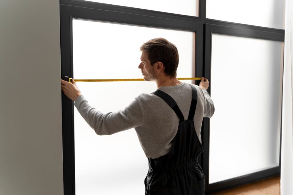 Technician installing 3M Frosted Window Film on office glass in Seattle